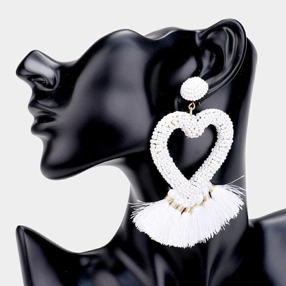 Seed Bead Heart White Tassel Earrings - Picture 1 of 5